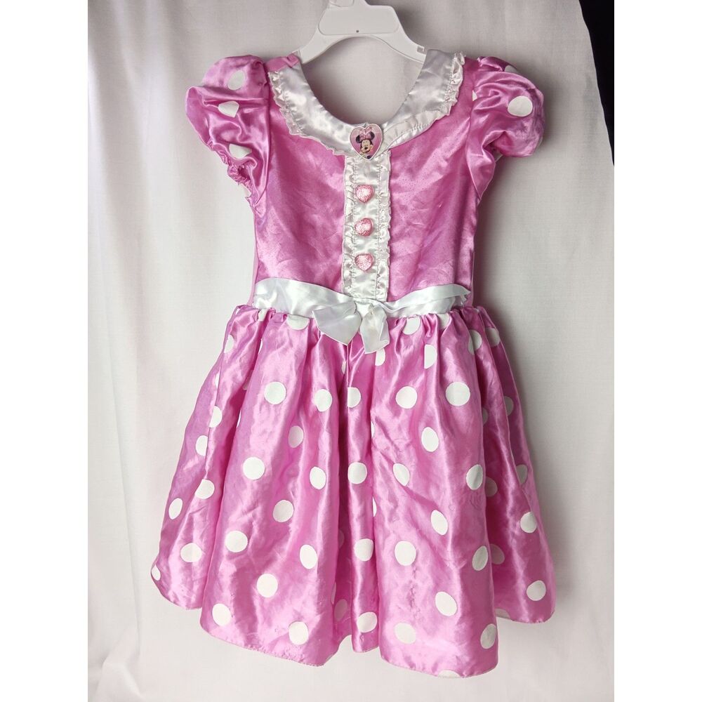 Disney Minnie Mouse Girls Pink Polka Dot Costume Dress Size 5/6 Heart Buttons